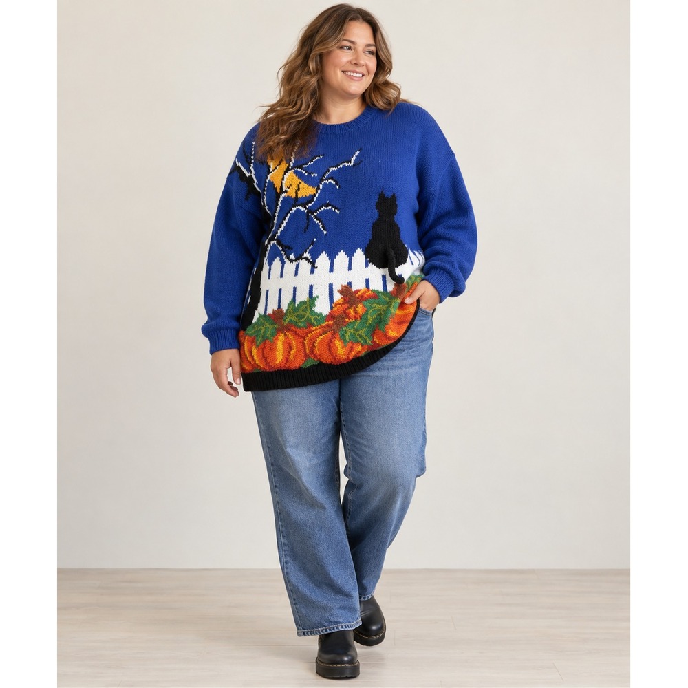 Vintage Hand Knit Marisa Christina Sweater Halloween Black Cat Pumpkins size 1X